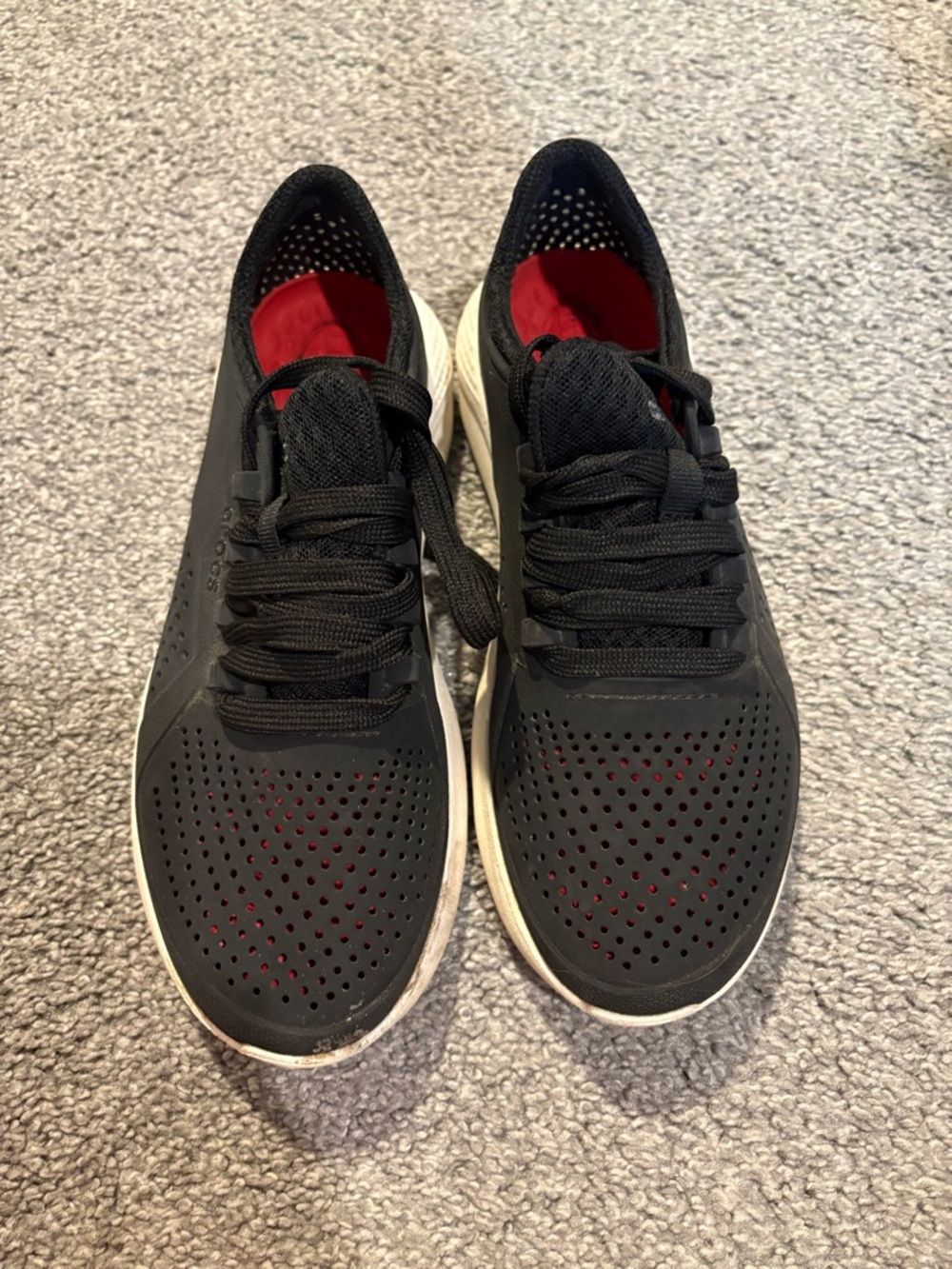 CROCS Women's Black Slip-On Lace Sneakers with Red Interior